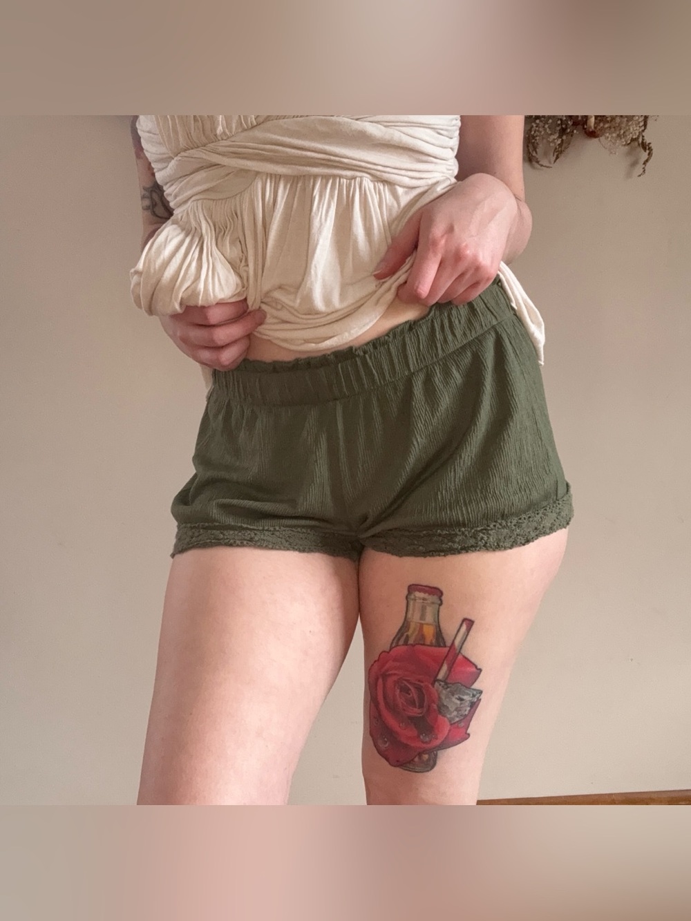 Boho/Cottagecore No Boundaries Olive Green Lace-Trim Sleep Shorts Size XS 💚